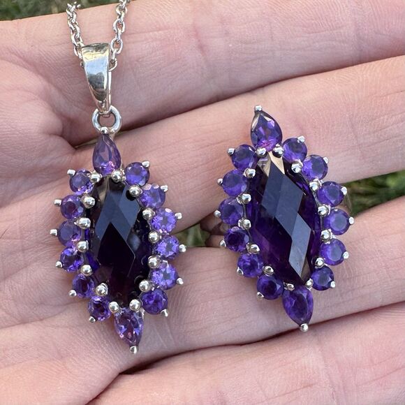 Vintage Estate Amethyst Pendant & Ring Set 925 Sterling Silver Marquise Size 9 - Picture 3 of 17